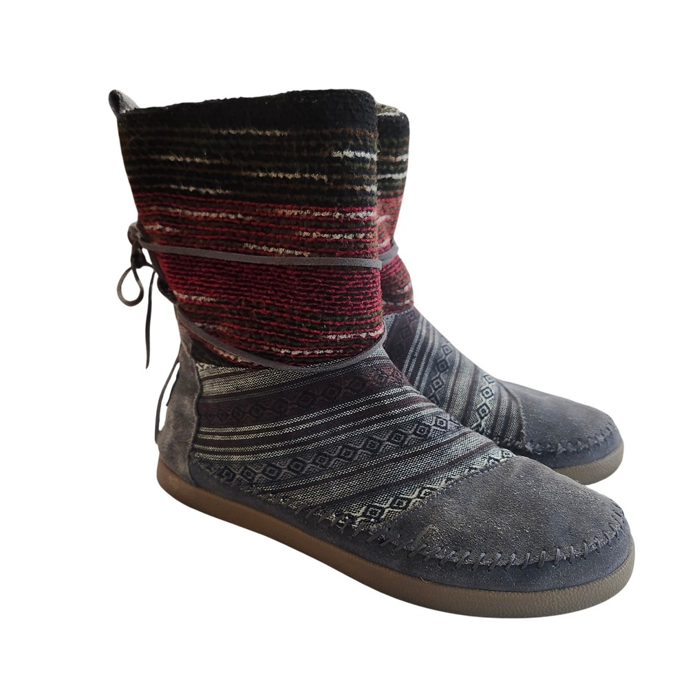 TOMS Nepal Mid Boot Women 8.5 Gray Suede Woven Tribal Lace Up Moccasin